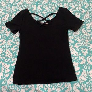 Black ribbed criss cross front shirt